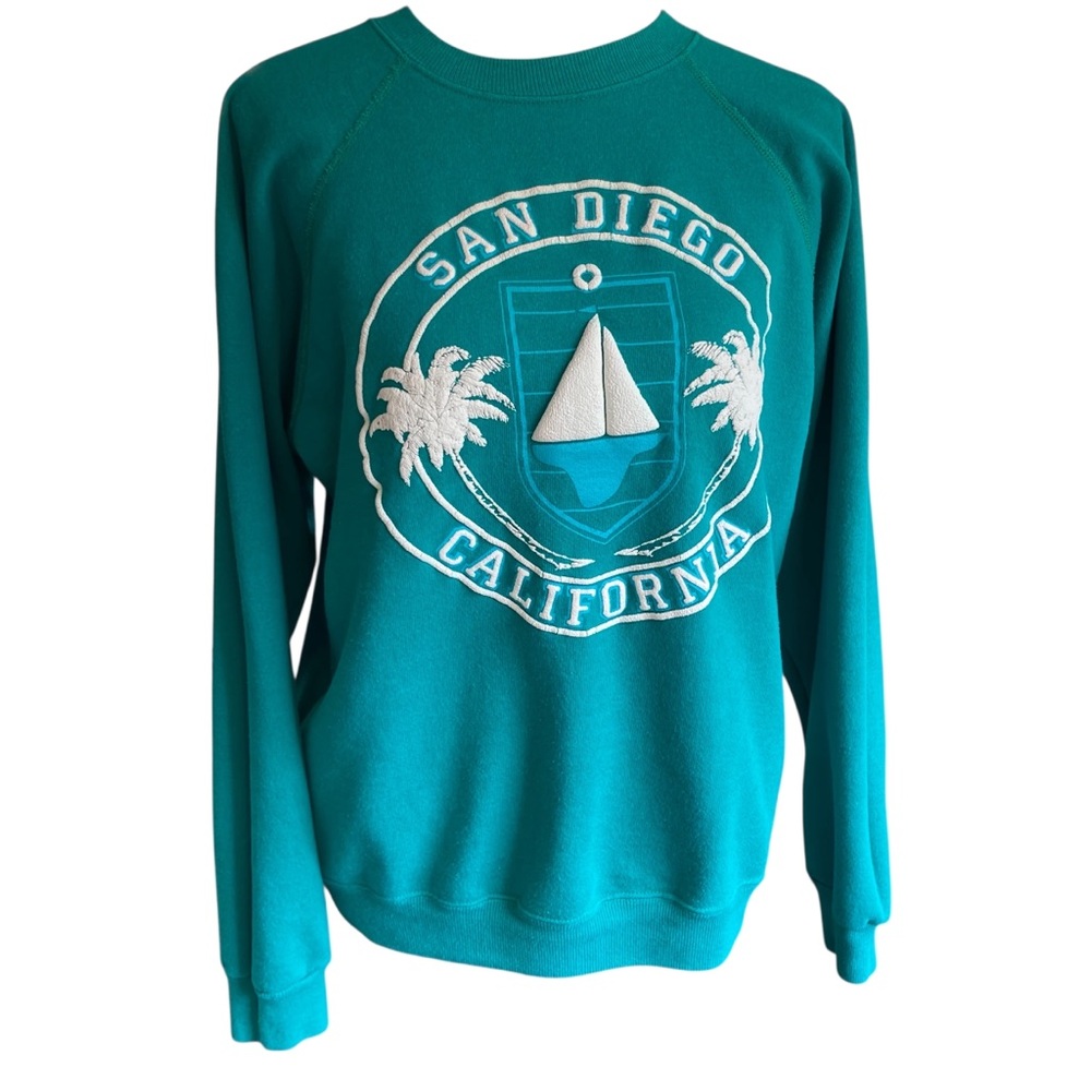 Vintage 90s San Diego Puffy Design Crewneck Sweatshirt Teal Size L Hanes - USA